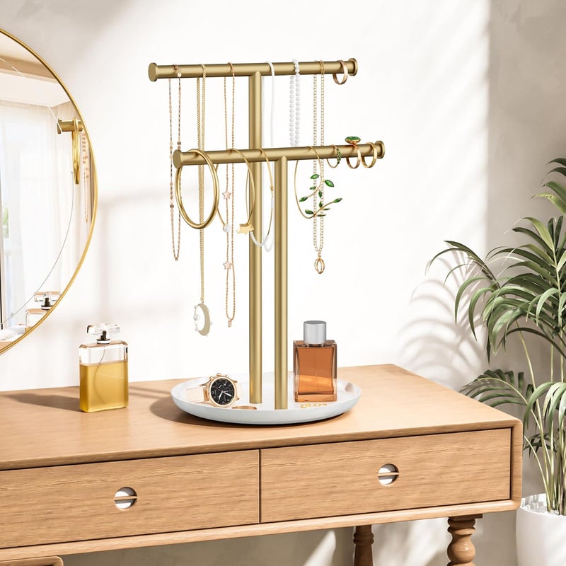 Jasopaco Gold Necklace Rack Stand with Storage Tray - 2 Rods T-Shaped Jewelry Holder Stand for Bracelets, Earrings, Rings | Elegant Vanity & Dresser Top Storage for Women. - Image 4